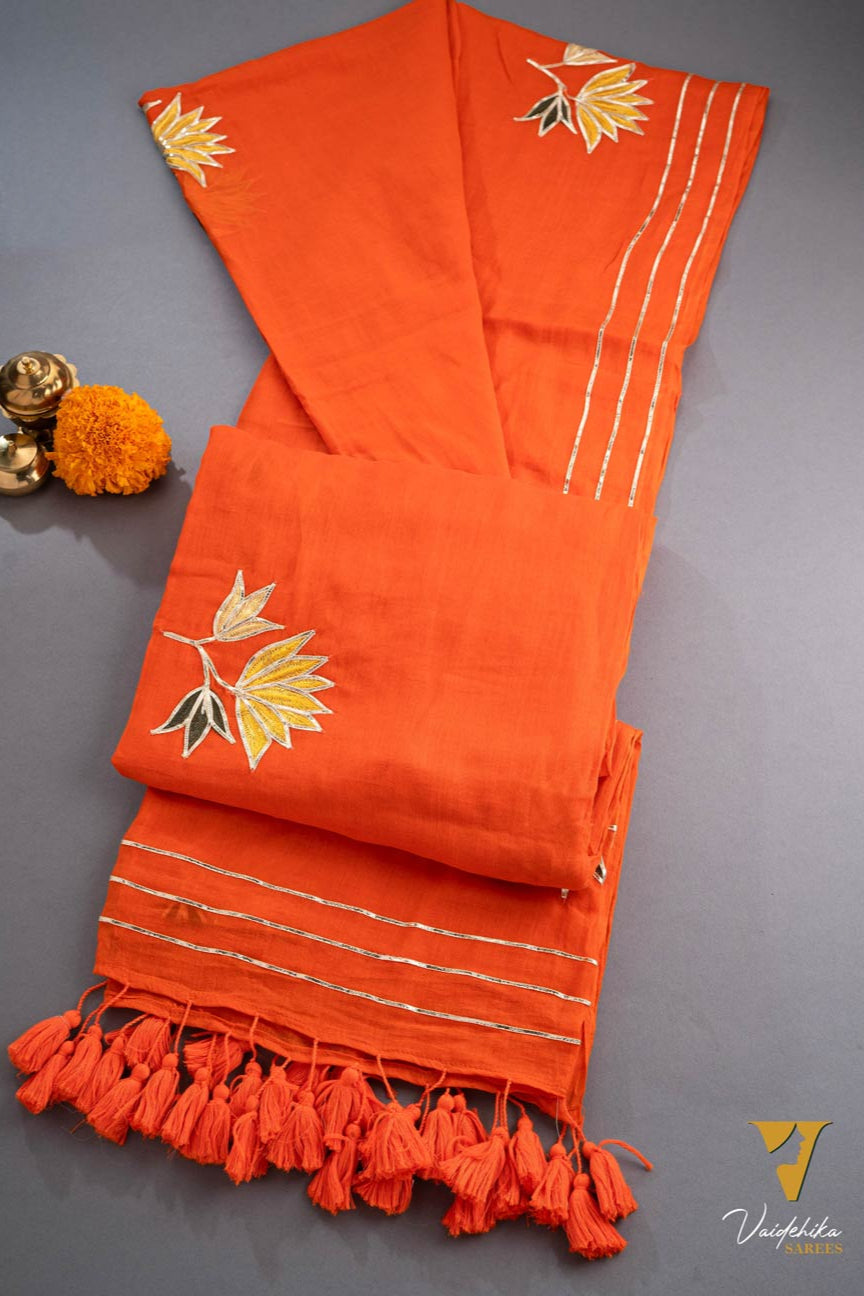 NAINIKA ORANGE MULCOTTON SAREE-VCM052