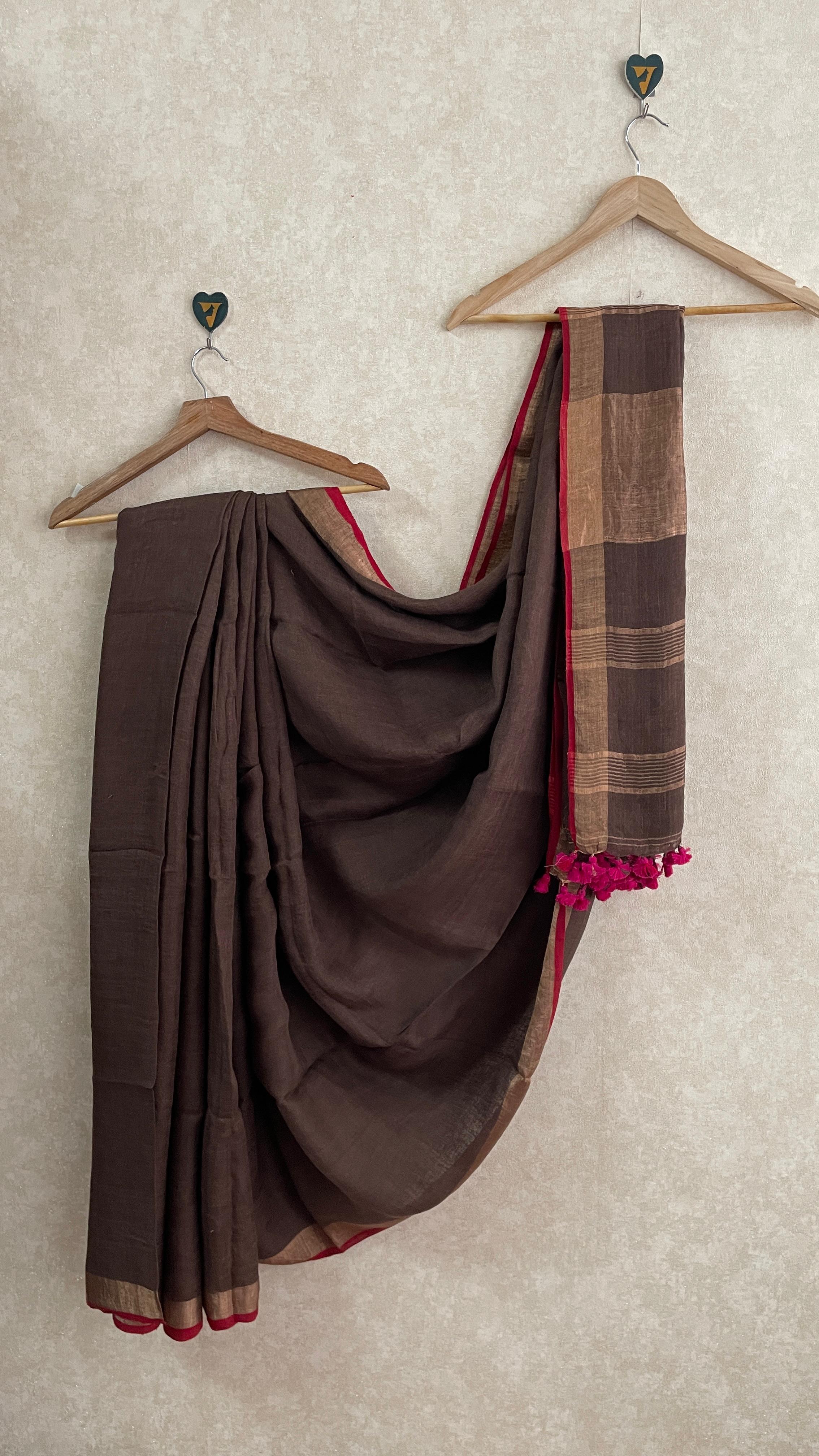 LINEN CHOCOLATE SAREE-VCL003