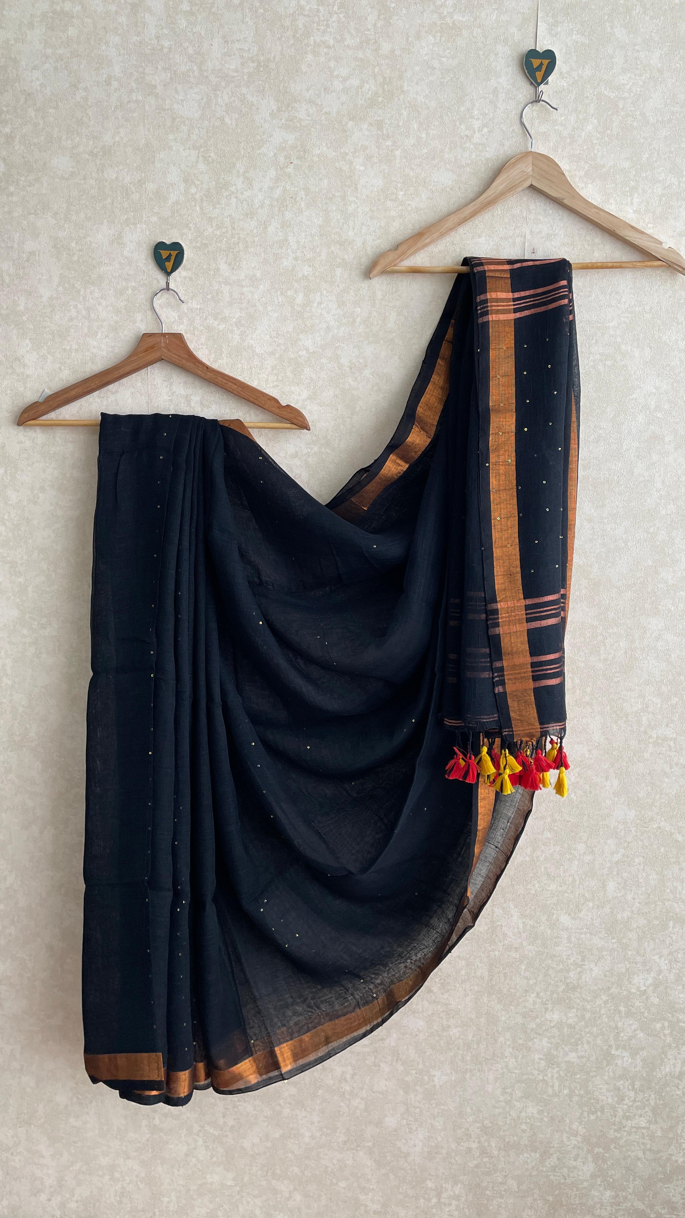 BLACK LINEN SAREE-VCL002