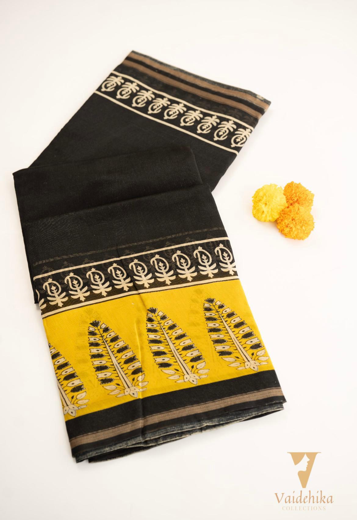 CHANDHERI BLACK WITH YELLOW SAREE