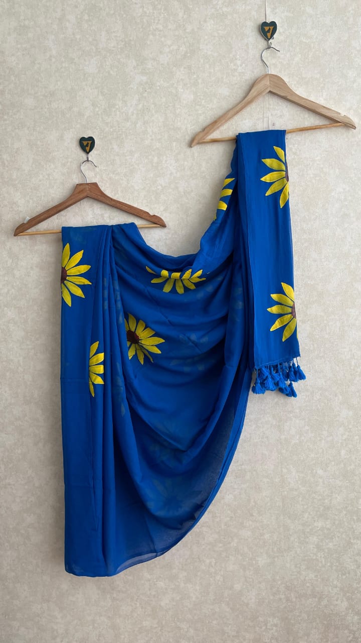 HAND PAINTED SUNFLOWER SKY BLUE SAREE-VCM176